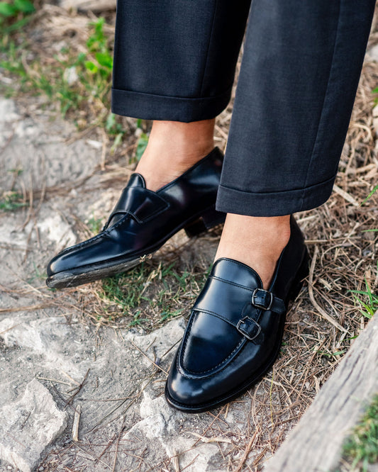 Doppia Fibbia Uomo Pelle Abrasivato Blu