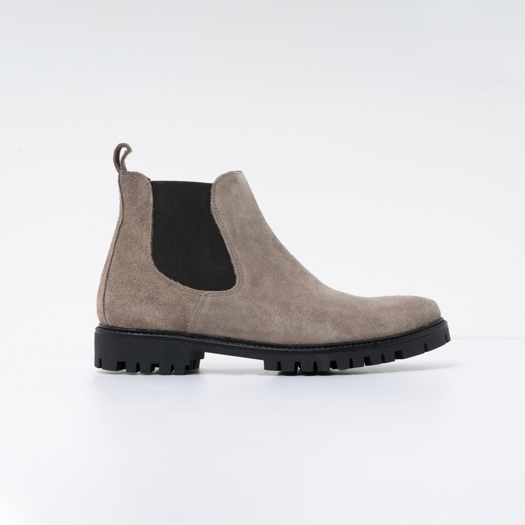 Taupe suede ankle boot with rock bottom